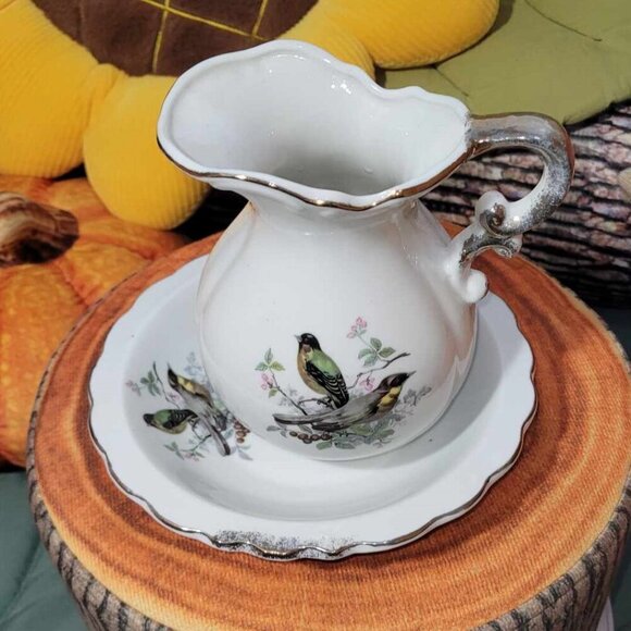 Vintage Japan Porcelain Small Basin & Pitcher with Birds Home Decor - Picture 2 of 8